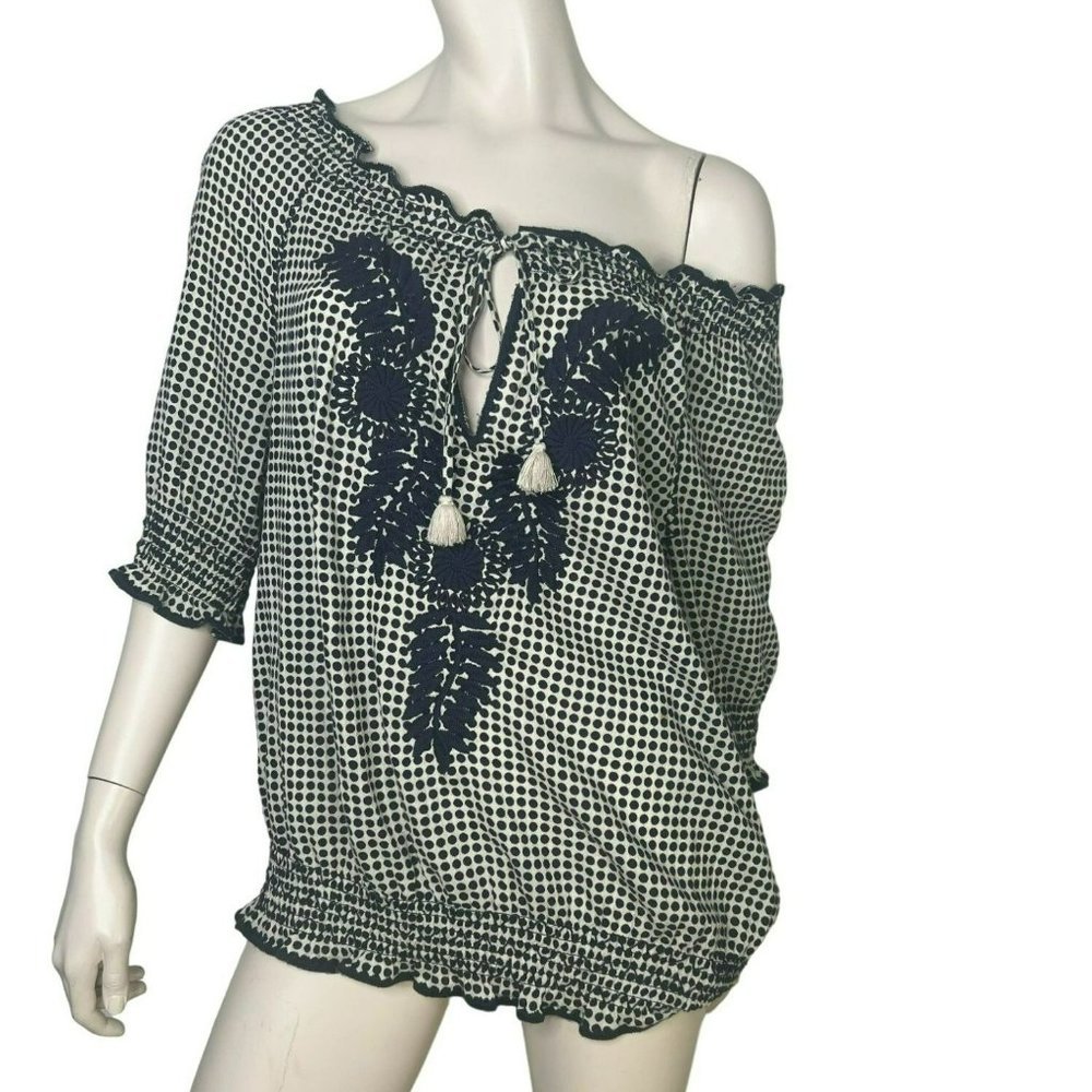 Tory Burch Top Womens Small Blouse Off Shoulder Polka Dot Embroidered Smocked